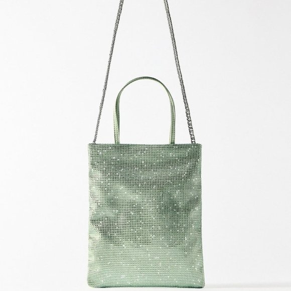 NWT SAGE SEA GREEN RHINESTONE MINI TOTE BAG. - Picture 5 of 8